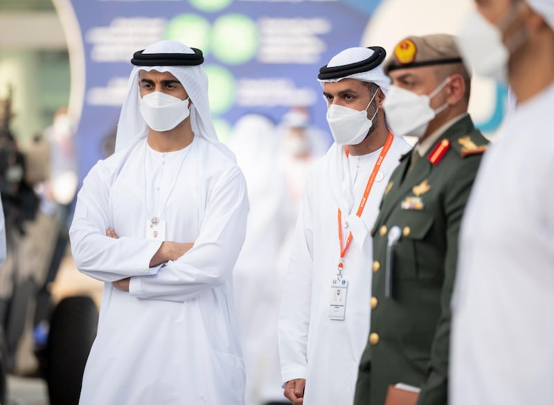 ABU DHABI, UNITED ARAB EMIRATES - February 23, 2021: HH Sheikh Hamdan bin Mohamed bin Zayed Al Nahyan (L) and HH Sheikh Mohamed bin Hamad bin Tahnoon Al Nahyan (2nd L), tour the International Defence Exhibition and Conference 2021 (IDEX), at ADNEC.

( Rashed Al Mansoori / Ministry of Presidential Affairs )
---
