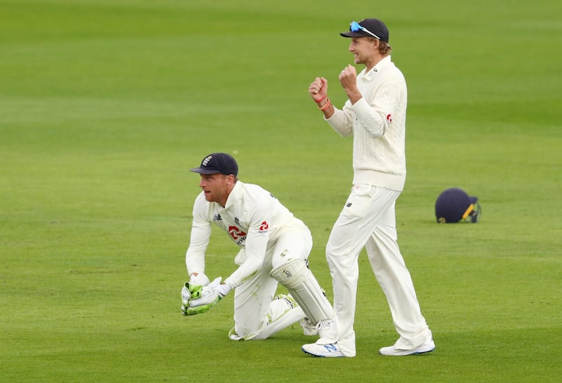 England's Jos Buttler catches out West Indies' Jermaine Blackwood on day five of the Manchester Test on Monday. Reuters