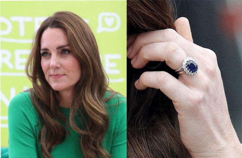 Kate Middleton, Duchess of Cambridge's sapphire ring surrounded by diamonds, which previously belonged to Princess Diana