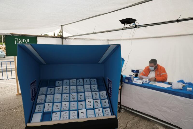 A mobile voting booth is seen at a special polling station for Israelis in quarantine or infected with the coronavirus disease. Reuters