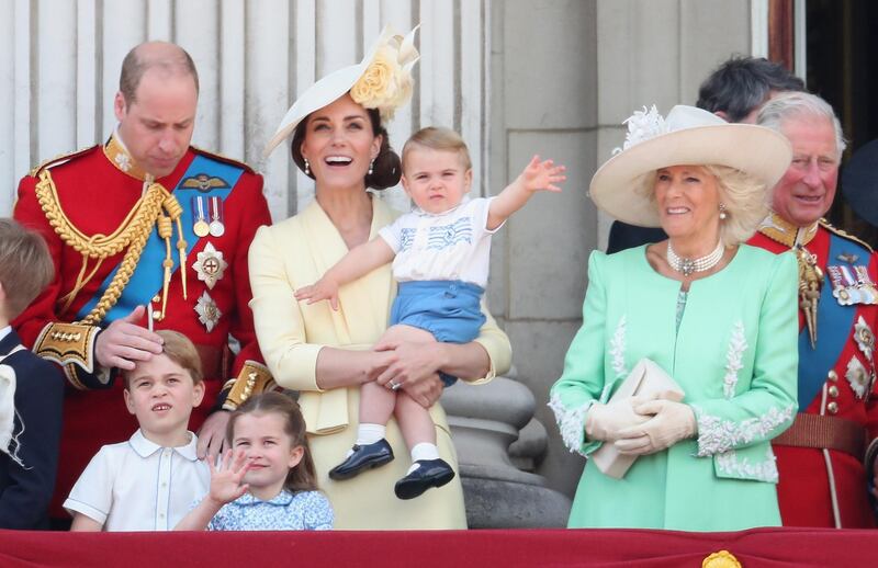 LONDON, ENGLAND - JUNE 08:  Prince William, Duke of Cambridge, Catherine, Duchess of Cambridge, Prince Louis of Cambridge, Prince George of Cambridge and Princess Charlotte of Cambridge during Trooping The Colour, the Queen's annual birthday parade, on June 8, 2019 in London, England.  (Photo by Chris Jackson/Getty Images)