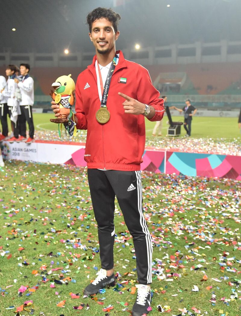 <p>UAE celebrate their 4-3 penalty shoot-out win over Vietnam to win the bronze medal match at the 2018 Asian Games. Courtesy UAE FA</p>
