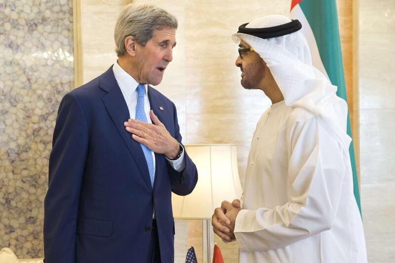 US Secretary of State John Kerry (L) meets with Abu Dhabi Crown Prince Sheikh Mohamed bin Zayed (AFP PHOTO/JACQUELYN MARTIN)