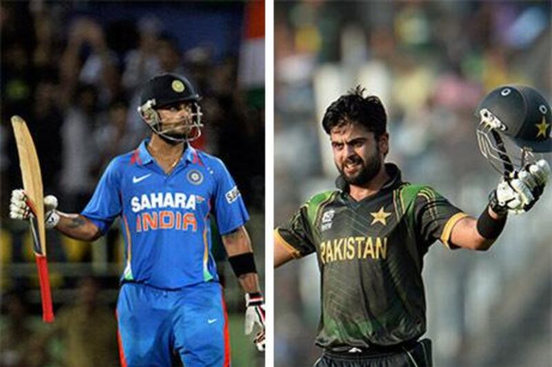 Virat Kohli, left, in a photo by Aijaz Rahi / AP. Ahmed Shehzad, right, in a photo by Punit Paranjpe / AFP