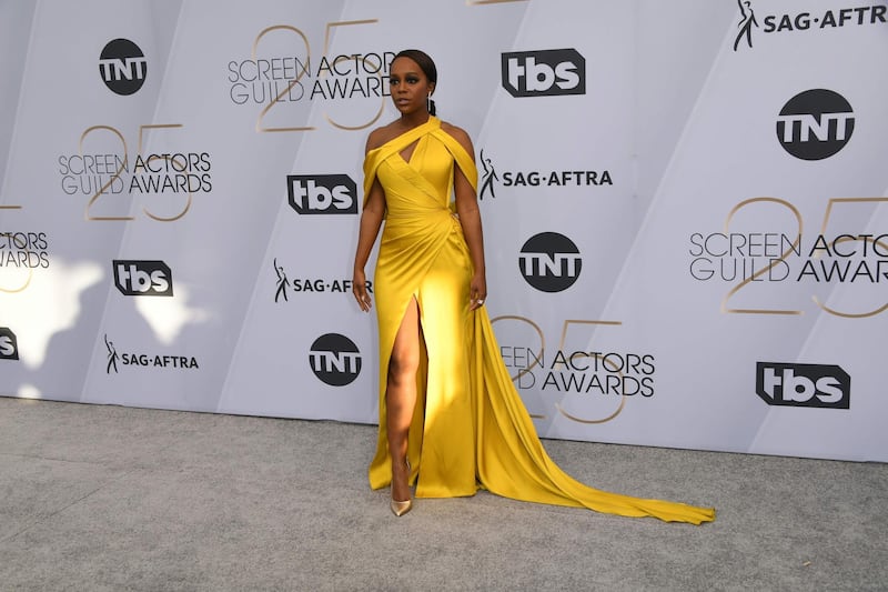 Aja Naomi King wears Ralph & Russo for the 25th Annual Screen Actors Guild Awards in Los Angeles on January 27, 2019. AFP