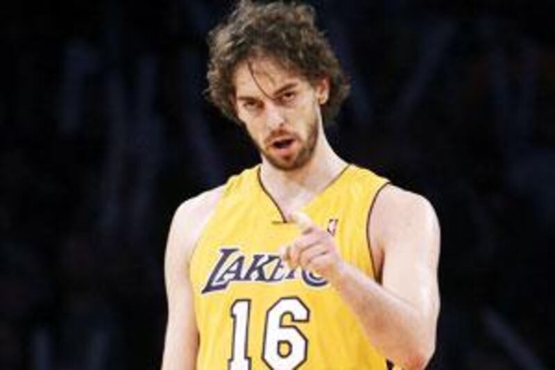 Los Angeles Lakers Pau Gasol of Spain points to his teammates as time runs out in their game against the San Antonio Spurs.