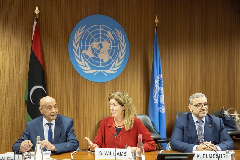 (L-R) Aguila Saleh Issa, Speaker of the House of Representatives of Libya, Stephanie Williams, United Nations Special Adviser on Libya and Khalid al-Mishri, Chairman of the High Council of State of Libya, attend the High-level Meeting on Libya Constitutional Track at the United Nations in Geneva, Switzerland, 28 June 2022. EPA