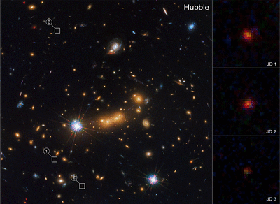 A gif that shows the difference between the galaxy MACS0647-JD image first taken by the Hubble Space Telescope 10 years ago and most recently by the James Webb Telescope. Gif: Nasa
