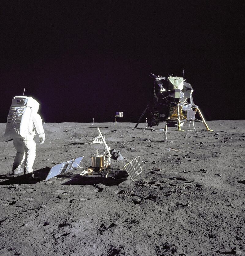 Aldrin stands besides a lunar seismometer. NASA / EPA