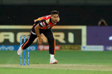 Umran Malik of Sunrisers Hyderabad bowling during match 49 of the Vivo Indian Premier League between the KOLKATA KNIGHT RIDERS and the SUNRISERS HYDERABAD held at the Dubai International Stadium in the United Arab Emirates on the 3rd October 2021

Photo by Saikat Das / Sportzpics for IPL