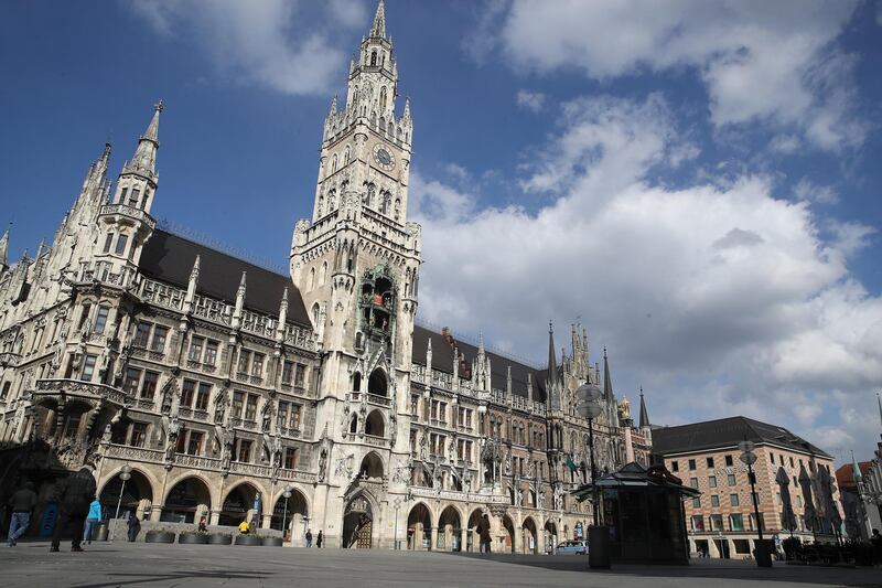 MUNICH, GERMANY - MARCH 31: The empty Marienplatz with the Townhall of Munich is seen during the coronavirus crisis on March 31, 2020 in Munich, Germany. Public life in Germany has been severely dampened by far-reaching government measures meant to stem the spread of the coronavirus. Shops are closed, assembly lines slowed or stopped, restaurants shuttered and schools shut down. People are still allowed to go outside, but only for essentials or personal exercise. The number of confirmed cases of Covid-19 infection has now topped 60,000 nationwide and at least 500 people have died. (Photo by Alexander Hassenstein/Getty Images)