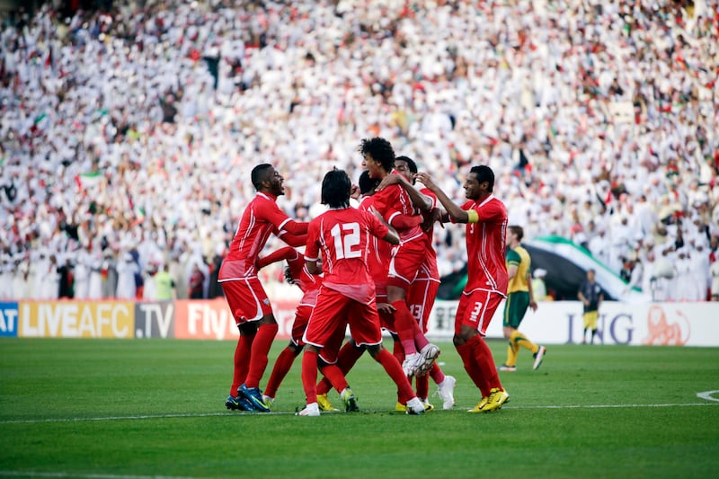 February 22, 2012 (Abu Dhabi)UAE Celebrates after Omar Abdulrahman (10) scores a goal in the 1st half during a Olympic qualifier against Australia game play in Abu Dhabi February 22, 2012.  (Sammy Dallal / The National)