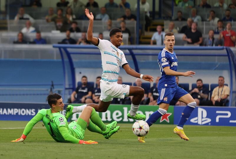 Dinamo Zagreb's Mislav Orsic scores their first goal in the Champions League Group E clash with Chelsea in Zagreb. Reuters