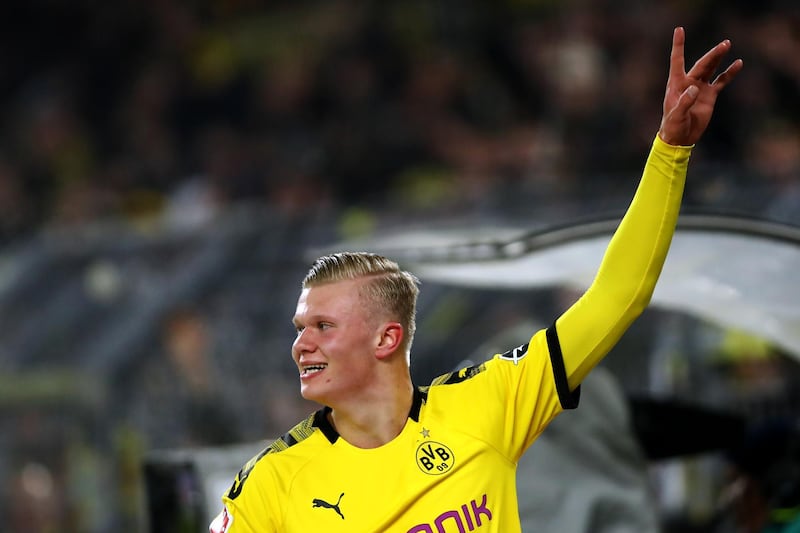 DORTMUND, GERMANY - JANUARY 24: Erling Haland of Borussia Dortmund celebrates scoring his second goal of the game during the Bundesliga match between Borussia Dortmund and 1. FC Koeln at Signal Iduna Park on January 24, 2020 in Dortmund, Germany. (Photo by Dean Mouhtaropoulos/Bongarts/Getty Images)