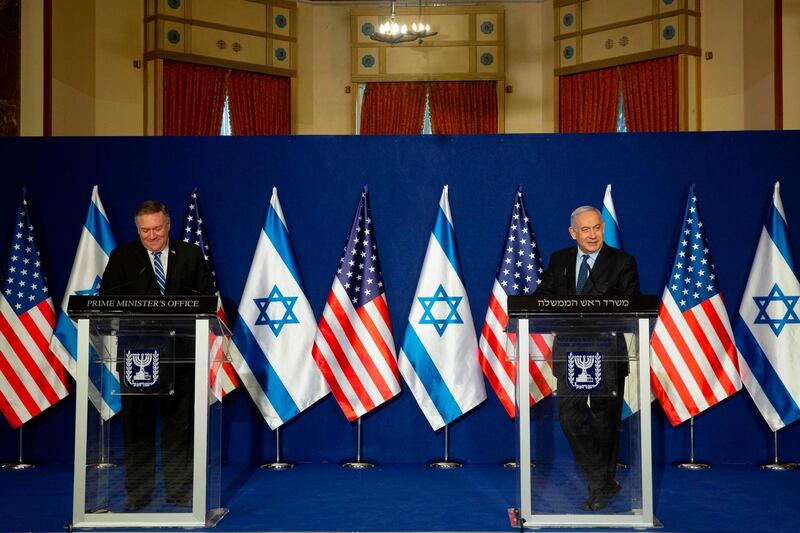 US Secretary of State Mike Pompeo and Israeli Prime Minister Benjamin Netanyahu make a joint statement after meeting in Jerusalem. AFP