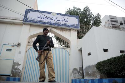 A Pakistani security official stands guard outside the Cultural Centre of the Islamic Republic of Iran, in Hyderabad, Pakistan. EPA