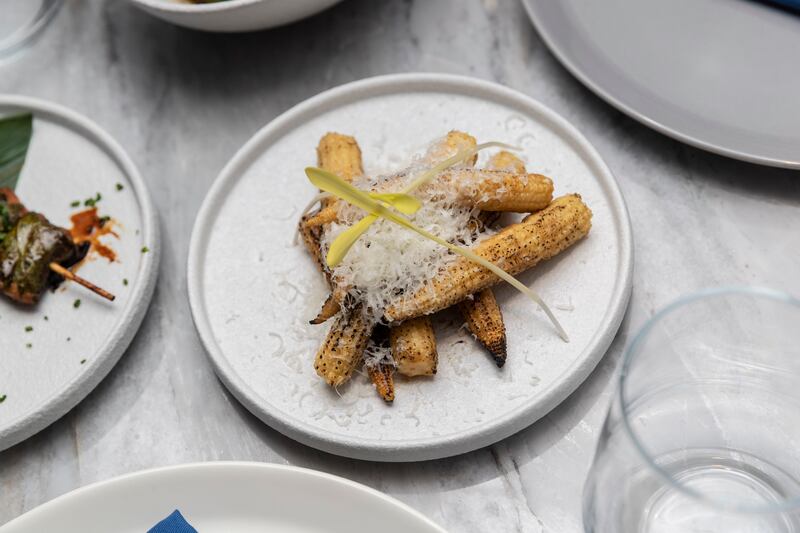 The menu is a mix of cuisines. Seen here, charred baby corn.
