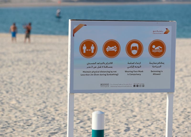 Dubai, United Arab Emirates - Reporter: N/A. News. Covid-19/Coronavirus. A sign at a public beach in Dubai should the rules with Covid-19. Monday, November 2nd, 2020. Dubai. Chris Whiteoak / The National