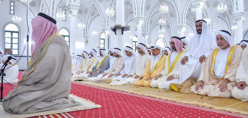 The Ruler of Ajman and Crown Prince performs prayers on Eid Al Fitr.