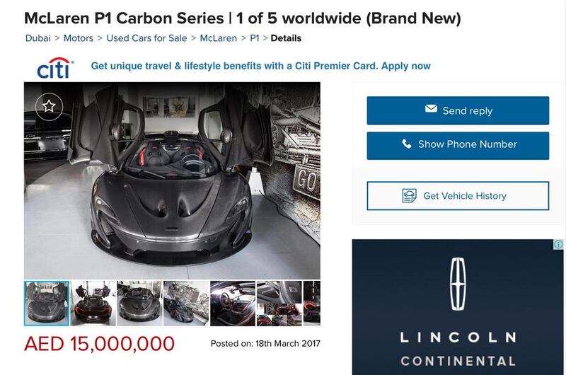 The most expensive car being sold on dubizzle is a McLaren P1 Carbon Series, for Dh15 million. Courtesy dubizzle