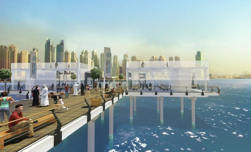 Nakheel’s Palm Jumeirah Boardwalk will have two piers stretching 100 metres out to sea at either end of the crescent which would include cafes and restaurants. Courtesy Nakheel