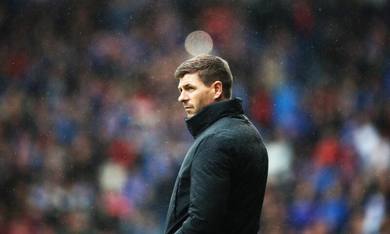 GLASGOW, SCOTLAND - AUGUST 11: Rangers Manager Steven Gerrard looks on during the Ladbrokes Premiership match between Rangers and Hibernian at Ibrox Stadium on August 11, 2019 in Glasgow, Scotland. (Photo by Ian MacNicol/Getty Images)