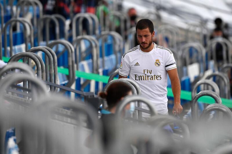 Real Madrid's Belgian forward Eden Hazard in the stands after leaving the pitch. AFP