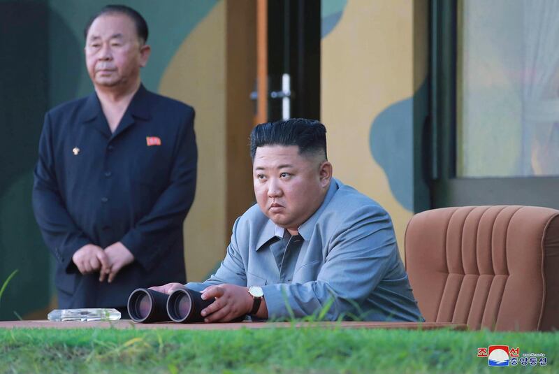 FILE - In this July 25, 2019, photo provided on Friday, July 26, 2019, by the North Korean government, North Korean leader Kim Jong Un watches a missile test in North Korea.  South Korea's military said Friday, Aug. 16, North Korea fired more projectiles into the sea to extend a recent streak of weapons tests believed to be aimed at pressuring Washington and Seoul over slow nuclear diplomacy. Independent journalists were not given access to cover the event depicted in this image distributed by the North Korean government. The content of this image is as provided and cannot be independently verified. Korean language watermark on image as provided by source reads: "KCNA" which is the abbreviation for Korean Central News Agency. (Korean Central News Agency/Korea News Service via AP, File)