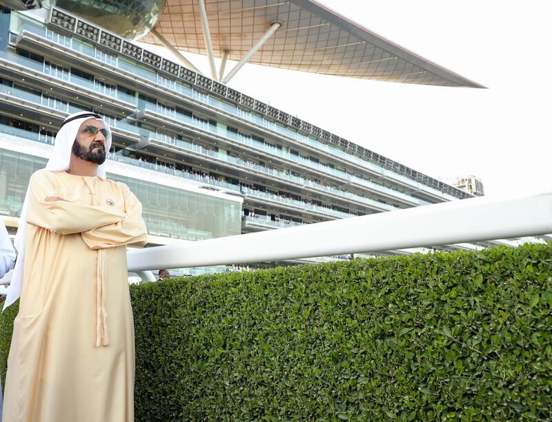 Sheikh Mohammed bin Rashid Al Maktoum, UAE Vice President and Ruler of Dubai, attends Dubai World Cup Carnival – Super Saturday at Meydan Racecourse accompanied by Dubai Crown Prince Sheikh Hamdan bin Mohammed bin Rashid Al Maktoum. Wam