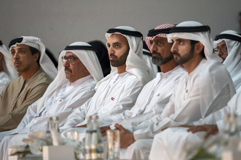 SAADIYAT ISLAND, ABU DHABI, UNITED ARAB EMIRATES - November 25, 2019: (R-L) HH Sheikh Hamdan bin Mohamed Al Maktoum, Crown Prince of Dubai, HH Sheikh Ammar bin Humaid Al Nuaimi, Crown Prince of Ajman, HH Sheikh Mohamed bin Saud bin Saqr Al Qasimi, Crown Prince and Deputy Ruler of Ras Al Khaimah, HH Sheikh Hamdan bin Rashid Al Maktoum, Deputy Ruler of Dubai and UAE Minister of Finance and HH Sheikh Mansour bin Zayed Al Nahyan, UAE Deputy Prime Minister and Minister of Presidential Affairs, attend the UAE Government Annual Meeting at the St Regis Saadiyat.

( Rashed Al Mansoori / Ministry of Presidential Affairs )
---