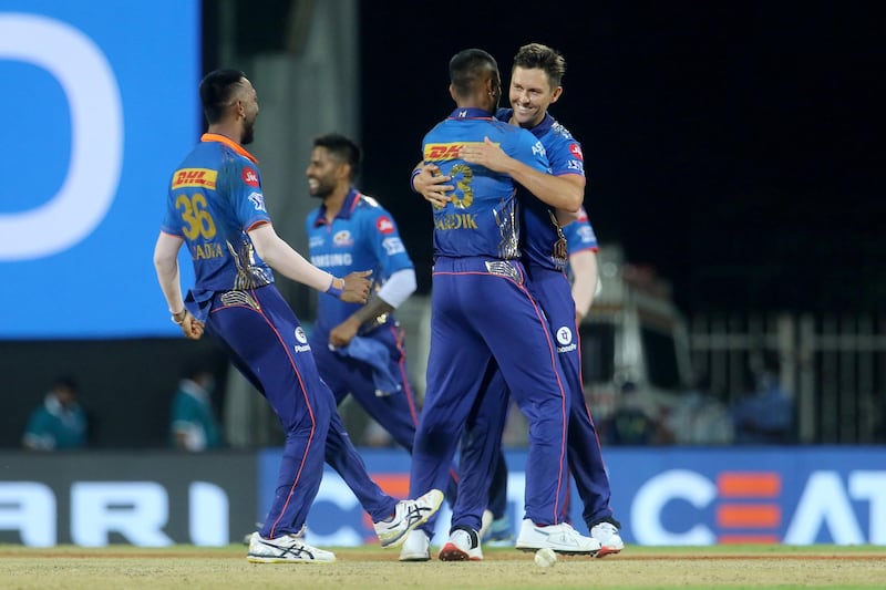 Mumbai Indians players celebrates after winning the match 5 of the Vivo Indian Premier League 2021 between the Kolkata Knight Riders and the Mumbai Indians held at the M. A. Chidambaram Stadium, Chennai on the 13th April 2021.

Photo by Vipin Pawar / Sportzpics for IPL