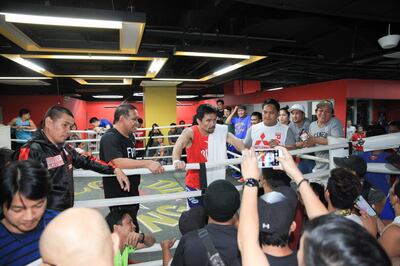 Eight-division boxing champion and Philippine Senator Manny Pacquiao trains for his upcoming fight against Adrien Broner at the Elorde Boxing Gym in Pasay City, Metro Manila.