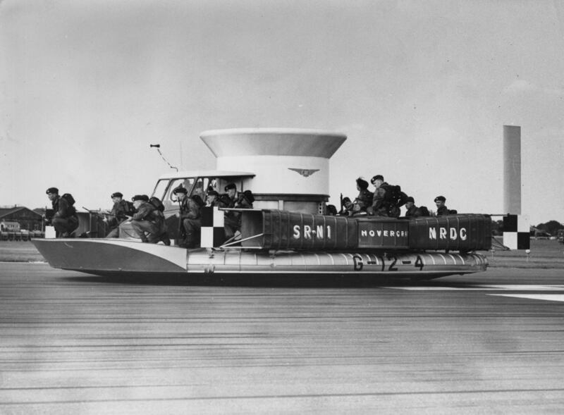 A Saunders-Roe hovercraft, with a group of Royal Marines on board, on display Farnborough Airshow in 1959.