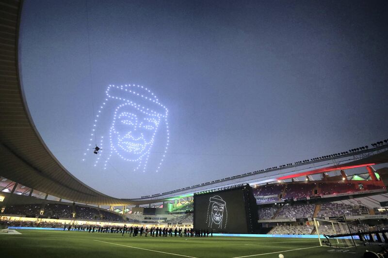 Drones light up the sky with the face of Sheikh Mohammed bin Zayed before the game between Shabab Al Ahli and Al Nasr in the PresidentÕs Cup final in Al Ain on May 16th, 2021. Chris Whiteoak / The National. 
Reporter: John McAuley for Sport