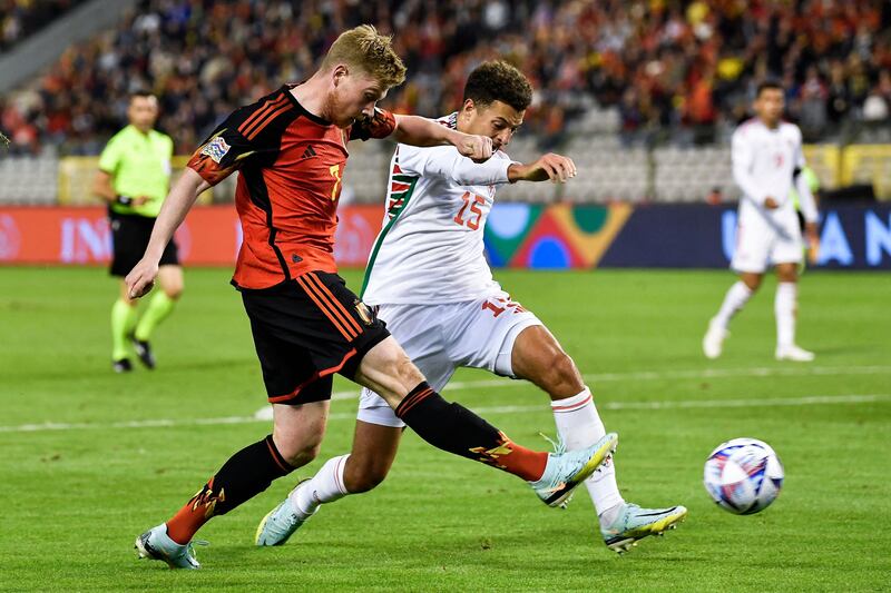 Belgium midfielder Kevin De Bruyne fights for the ball with Wales defender Ethan Ampadu at The King Baudouin Stadium in Brussels. AFP