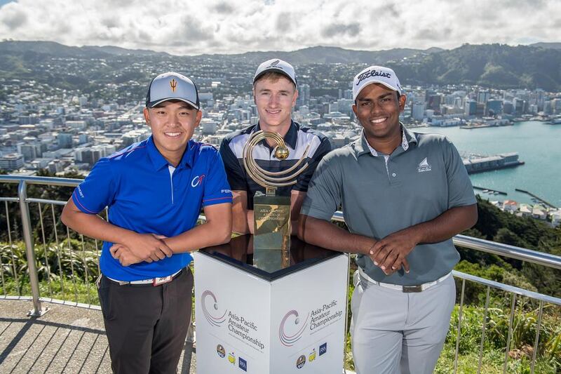 From left: Yu Chun-an of Chinese Taipei, Nick Voke of New Zealand and Rayhan Thomas, the Dubai-based amateur representing India, stand for a photograph ahead of the 2017 Asia-Pacific Amateur Championship (AAC) at Royal Wellington Golf Club, Wellington, New Zealand. David Paul Morris / AAC