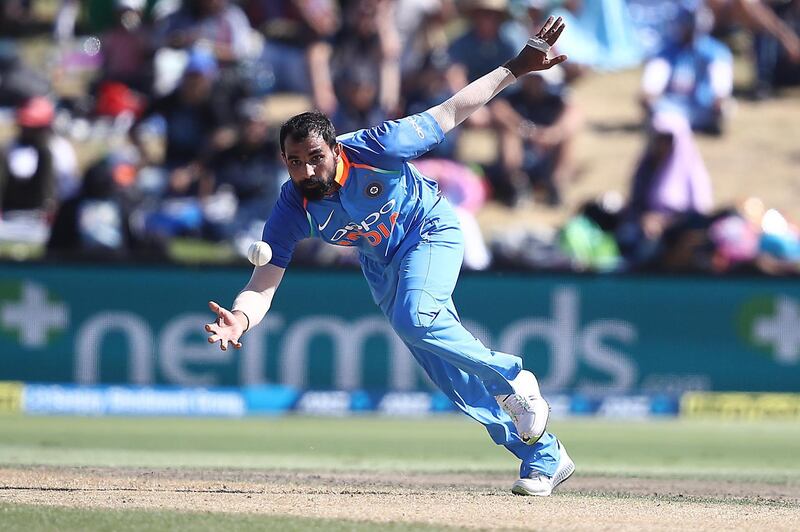 MOUNT MAUNGANUI, NEW ZEALAND - JANUARY 28: Mohammed Shami of India fields the ball during game three of the One Day International series between New Zealand and India at Bay Oval on January 28, 2019 in Mount Maunganui, New Zealand. (Photo by Phil Walter/Getty Images)