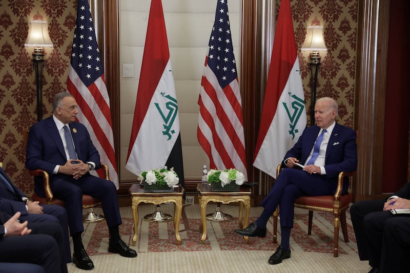 US President Joe Biden meets Iraqi Prime Minister Mustafa Al Kadhimi, in Jeddah before the beginning of the GCC+3 meeting. Reuters