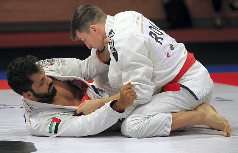 Abu Dhabi, October, 24 2019: (L) Al Kurbi Talib of UAE and (R) Corbei Remus of Romania compete in the finals during the Ju-Jitsu Championship in Abu Dhabi . Satish Kumar/ For the National / Story by Amit Passela