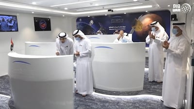 Mission director Omran Sharaf announcing from mission control that the Hope probe successfully entered Mars' orbit, on February 9, 2020. Photo: Wam