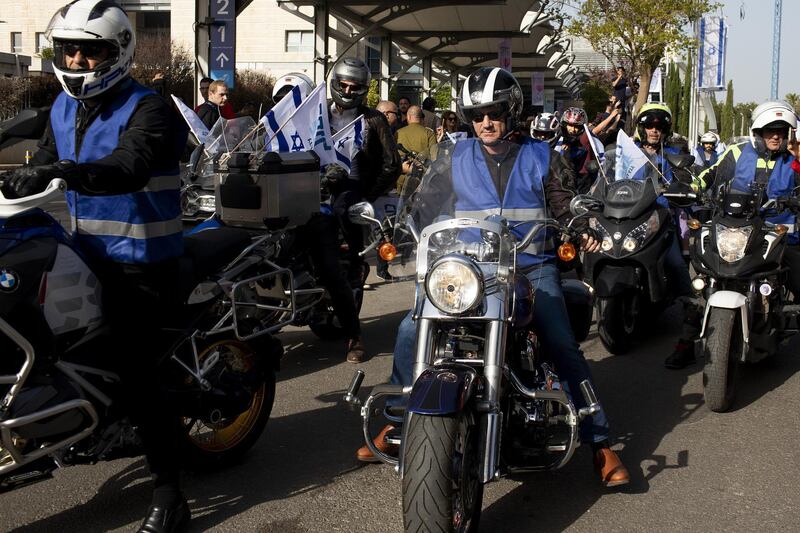 Benny Gantz leads a caravan of 100 motorcycles as part of his 'Every Voice Counts' campaign at the Expo Center in Tel Aviv. Bloomberg