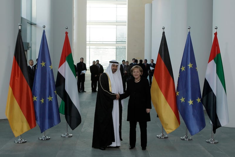 BERLIN, GERMANY - January 12, 2008: (left) General Sheikh Mohammed bin Zayed Al Nahyan, Crown Prince of Abu Dhabi and Deputy Supreme Commander of the UAE Armed Forces, Chairman of the Executive Council of the Emirate of Abu Dhabi meets with (right) German Chancellor Angela Merkel, before discussing relations between the two countries and the current situations in the Middle East. A delegation from the United Arab Emirates arrived last night to meet with German politicians and business representatives today and tomorrow.
( Ryan Carter / The National ) *** Local Caption ***  RC001-Berlin.jpg