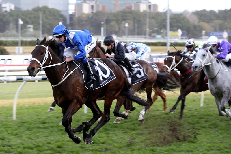 Jockey Hugh Bowman rides Winx (L) during the Winx Stakes horse race at the Royal Randwick race course in Sydney on August 18, 2018. - Wonder mare Winx smashed legendary sprinter Black Caviar's Australian win record on August 18 when she made it 26 in a row at a race named in her honour. (Photo by Bob Barker / AFP) / -- IMAGE RESTRICTED TO EDITORIAL USE - STRICTLY NO COMMERCIAL USE --
