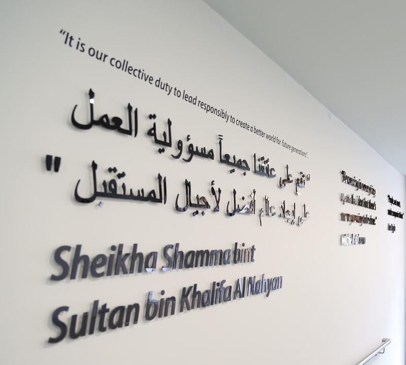 A quote written by Sheikha Shamma bint Sultan bin Khalifa Al Nahyan displayed at the Moller Institute at a college in the University of Cambridge. 