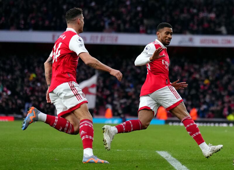 Arsenal's Reiss Nelson celebrates scoring the winner. PA