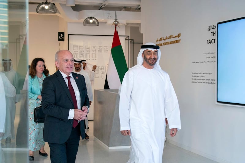 ABU DHABI, UNITED ARAB EMIRATES - October 27, 2019: HH Sheikh Mohamed bin Zayed Al Nahyan, Crown Prince of Abu Dhabi and Deputy Supreme Commander of the UAE Armed Forces (R), meets with HE Ueli Maurer, President of Switzerland (L), at Youth Hub Abu Dhabi.  

( Hamad Al Kaabi  / Ministry of Presidential Affairs )
---