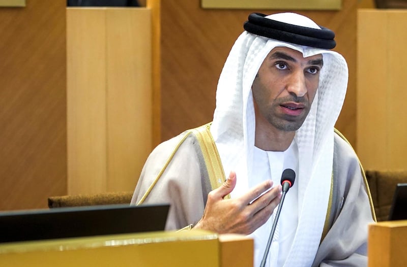 Abu Dhabi, United Arab Emirates, March 3, 2020.  Federal Natinal Council meeting at the Al Khubeirah Garden.  Thani Ahmed Al-Zeyoudi, Minister of Climate Change and Environment during the Tuesday meeting.
Victor Besa / The National
Section:  NA
Reporter:  Haneen Dajani