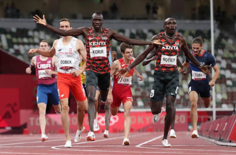 Emmanuel Kipkurui Korir of Kenya celebrates after winning the gold medal in the men's 800m.