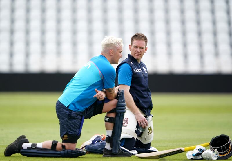 England's Jason Roy and Eoin Morgan during the nets session at Trent Bridge. PA