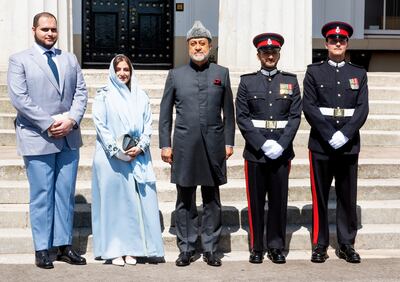 Crown Prince of Oman Dhi Yazan, second from right, poses with his parents at Sandhurst. Photo: @OmanNewsAgency Twitter